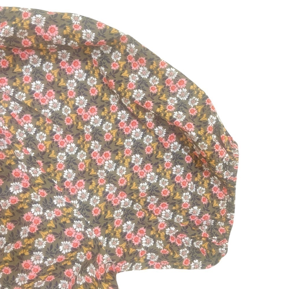 Loft olive peach floral peasant cotton blouse split neck puff sleeves medium - Picture 6 of 11